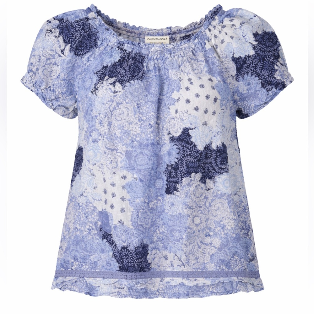Frye & Co Blue Floral Peasant Top Lace Trim Boho Blouse Size L